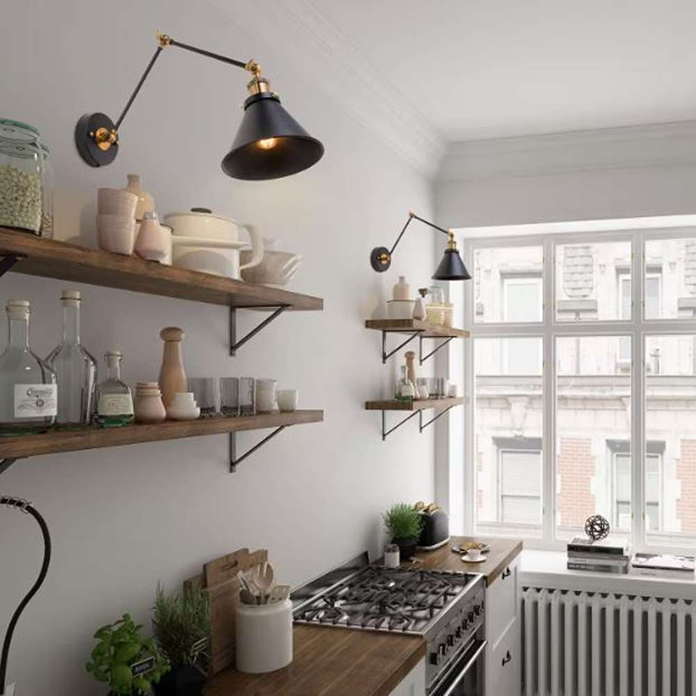 Matte Black Industrial Wall Sconce 1-Light Bell Swing Arm Desk Lamp Hardwired/Plug-In Modern Brass Wall Light