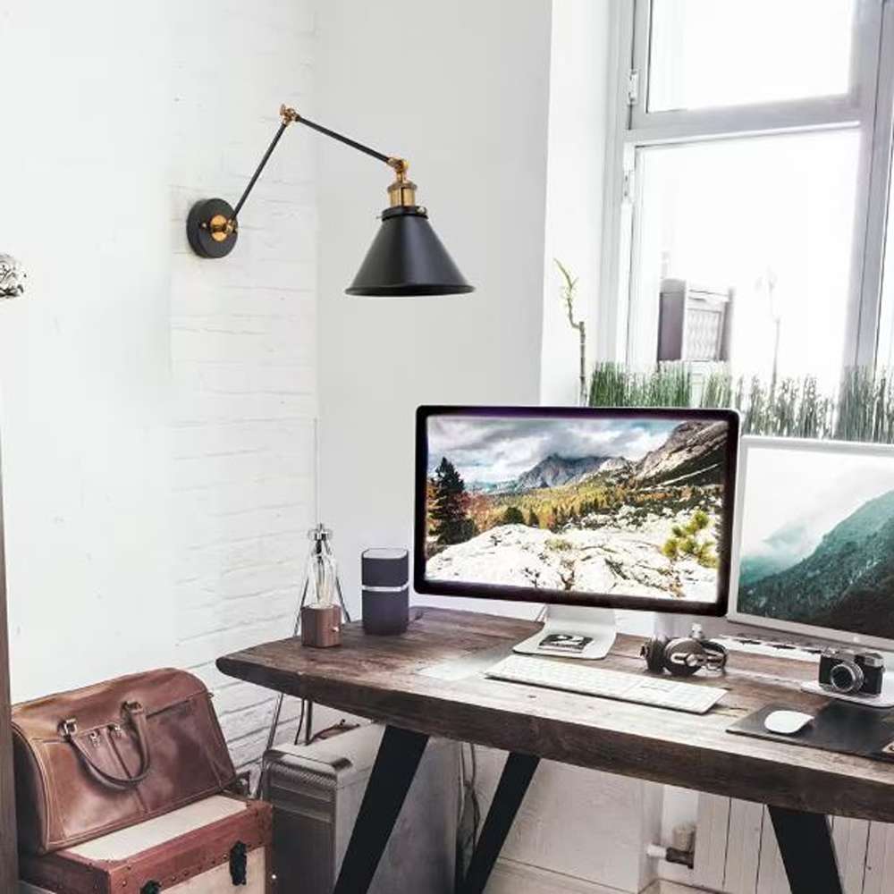 Matte Black Industrial Wall Sconce 1-Light Bell Swing Arm Desk Lamp Hardwired/Plug-In Modern Brass Wall Light